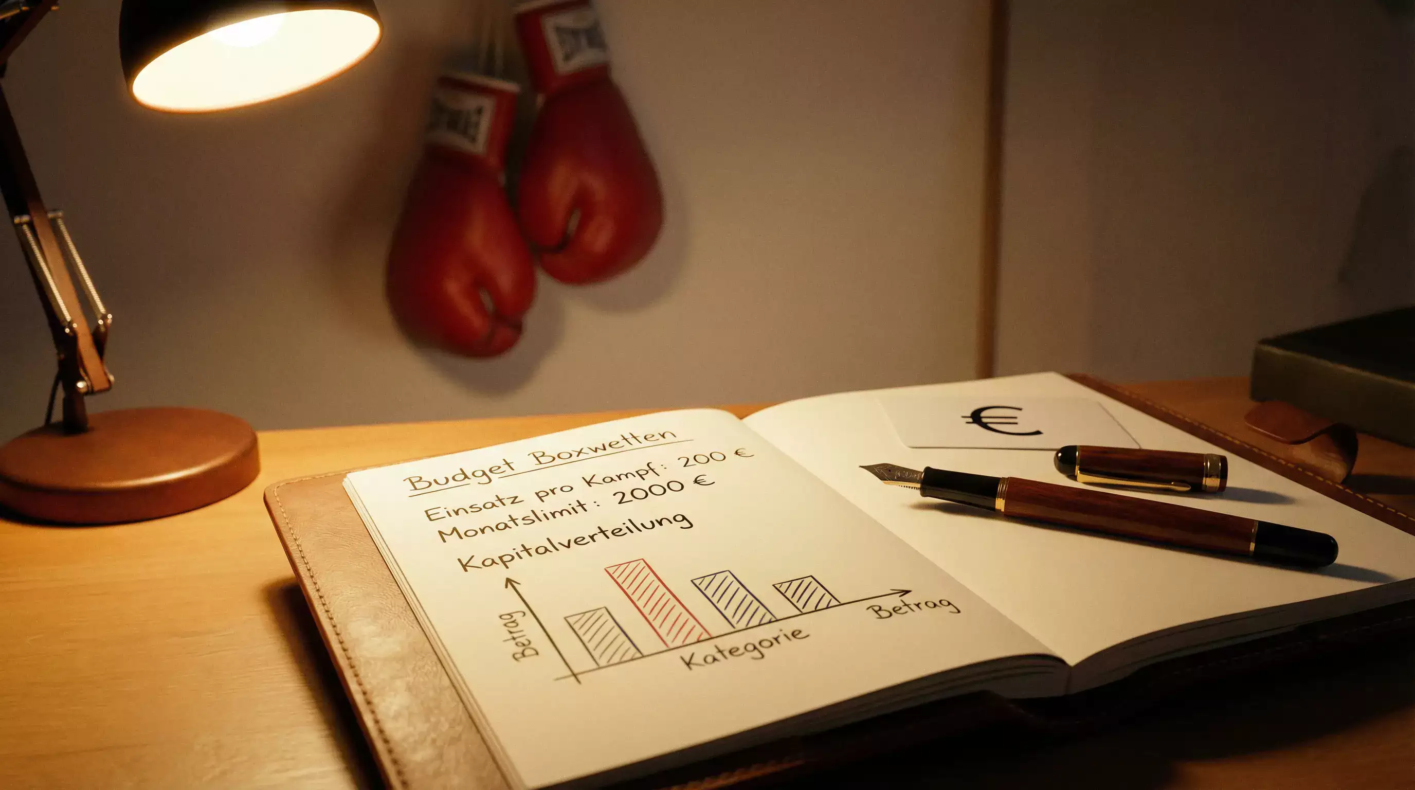 Aufgeräumter Schreibtisch mit Notizbuch, Stift und dem Symbolezeichen € für Budgetplanung bei Sportwetten