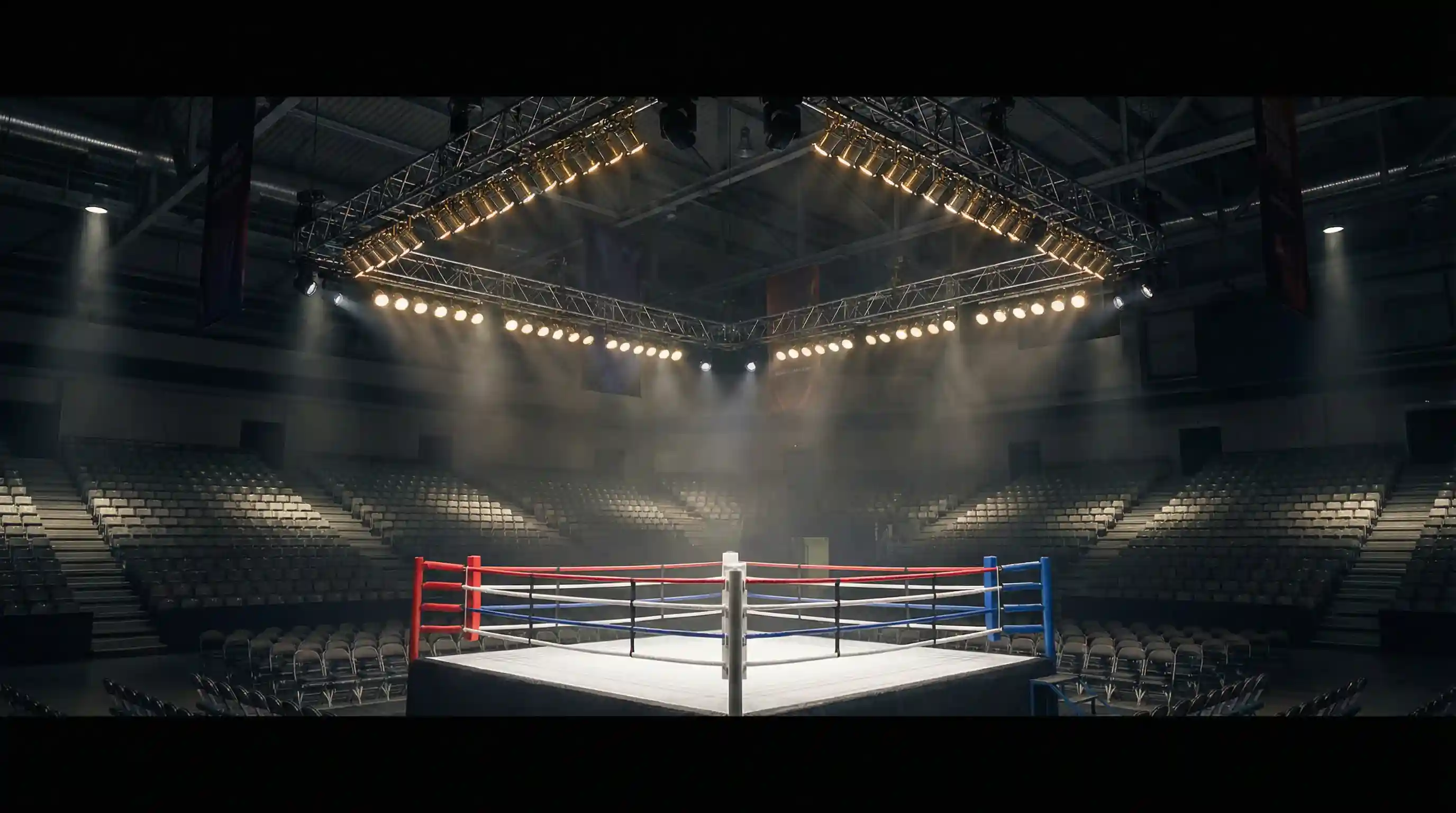 Großer beleuchteter Boxring in einer vollen Arena vor einem Titelkampf-Event am Abend