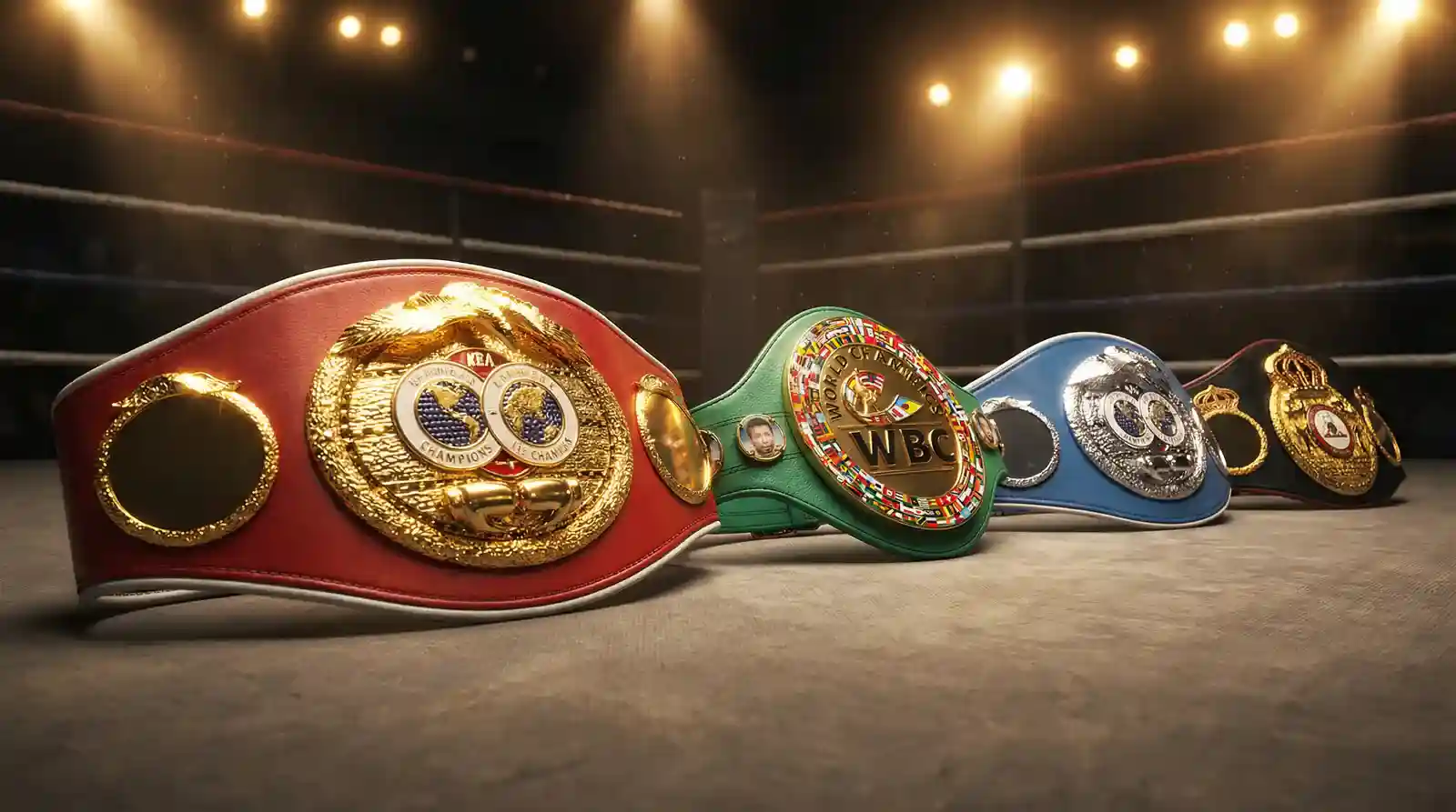 Boxen Gewichtsklassen und Weltverbände — vier WM-Gürtel nebeneinander auf einem Boxring