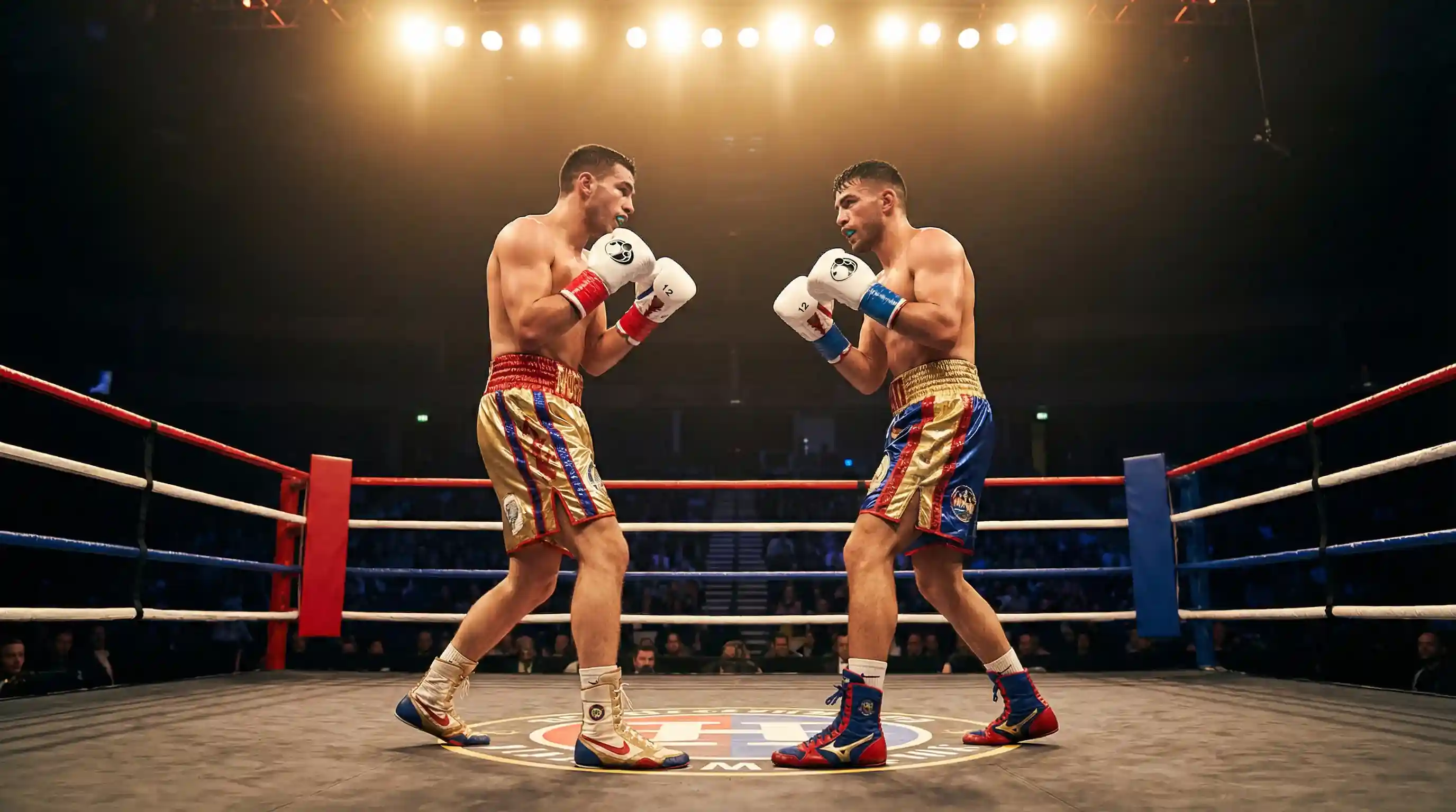 Ringrichter hebt die Hand des Siegers nach einem Boxkampf im beleuchteten Ring