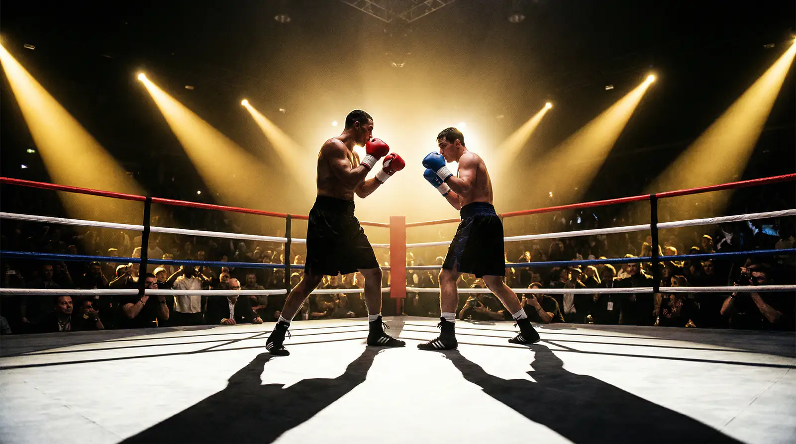 Boxer landet einen entscheidenden Knockout-Schlag im Boxring unter Spotlights