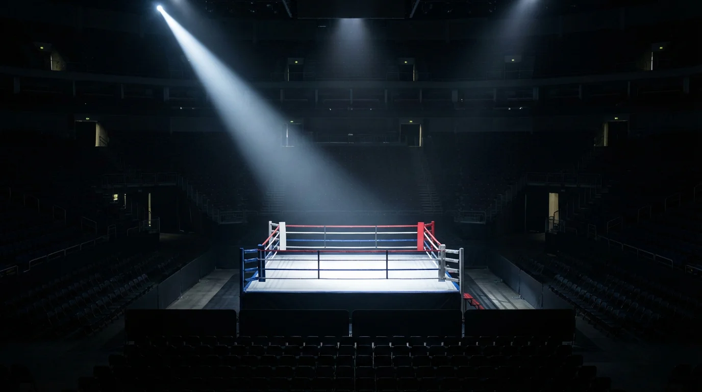 Leerer Boxring in einer großen Arena mit einem langen Lichtstrahl der auf den Ring fällt — Symbol für Weitsicht