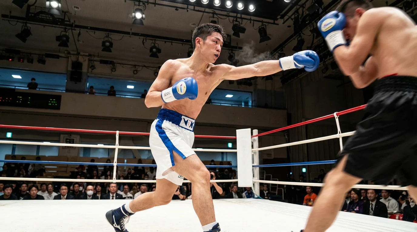 Schneller technischer Boxer im Mittelgewicht führt eine präzise Kombination im beleuchteten Ring aus