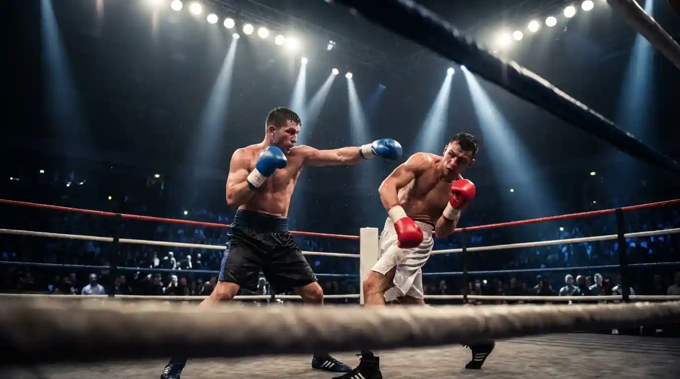 Boxen Live Wetten — Boxer im Ring unter Scheinwerferlicht während eines Kampfes