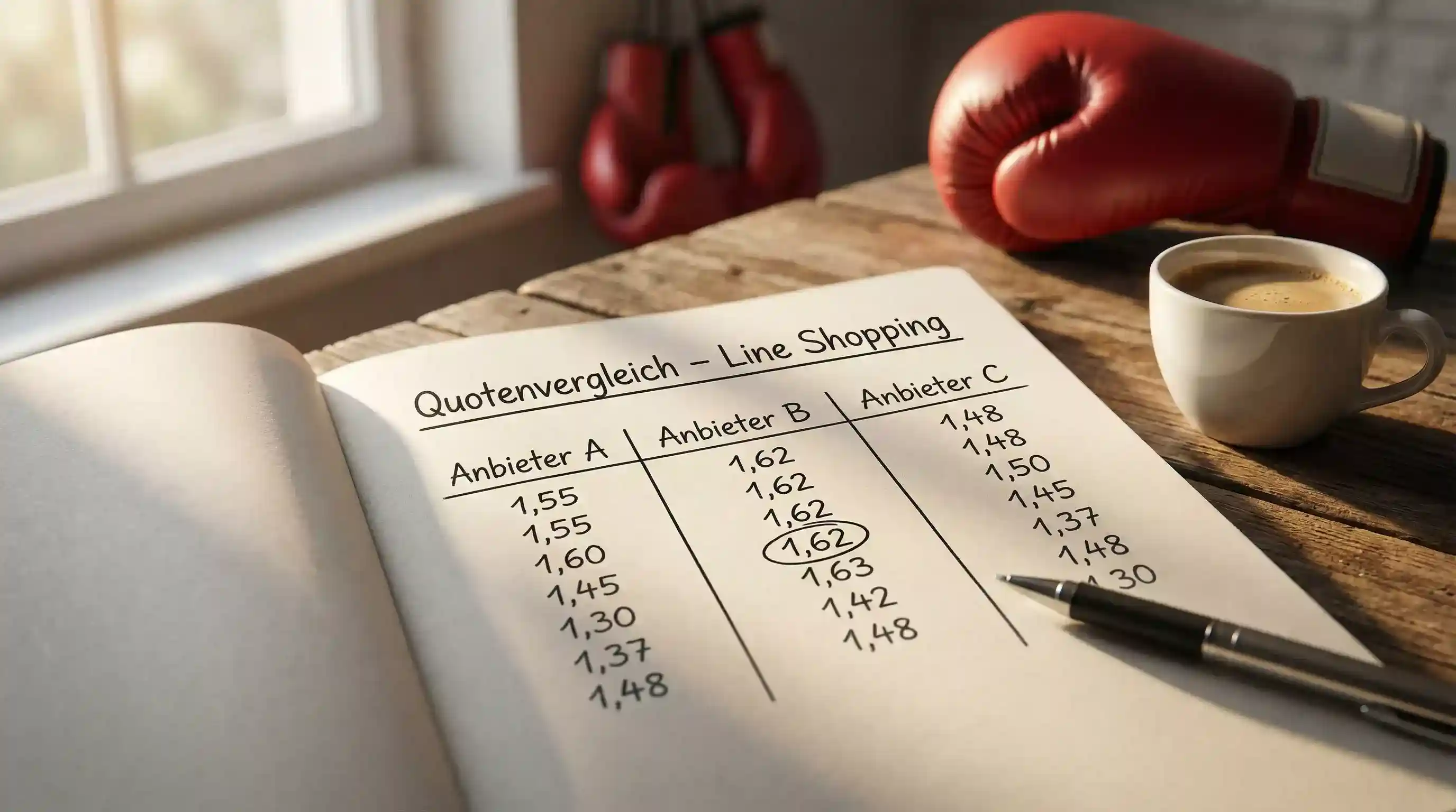 Nahaufnahme eines Notizblocks mit nebeneinander geschriebenen Boxkampf-Quoten verschiedener Anbieter