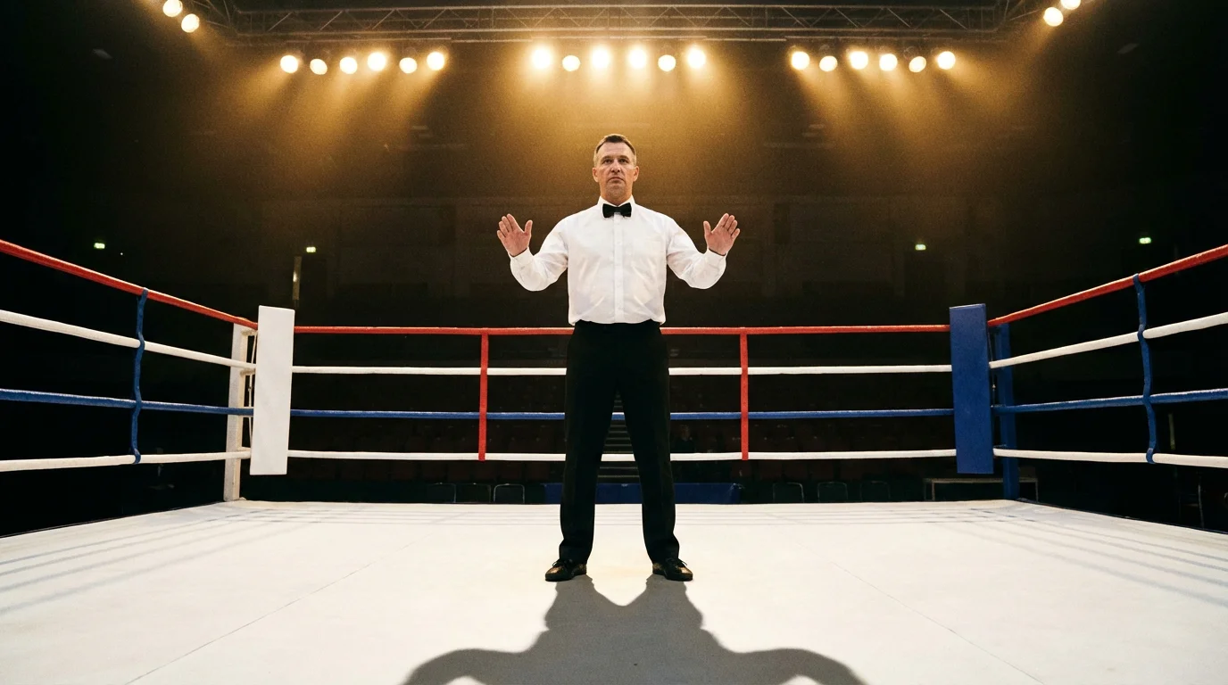 Ringrichter in weißem Hemd steht autoritär in der Mitte eines beleuchteten Boxrings