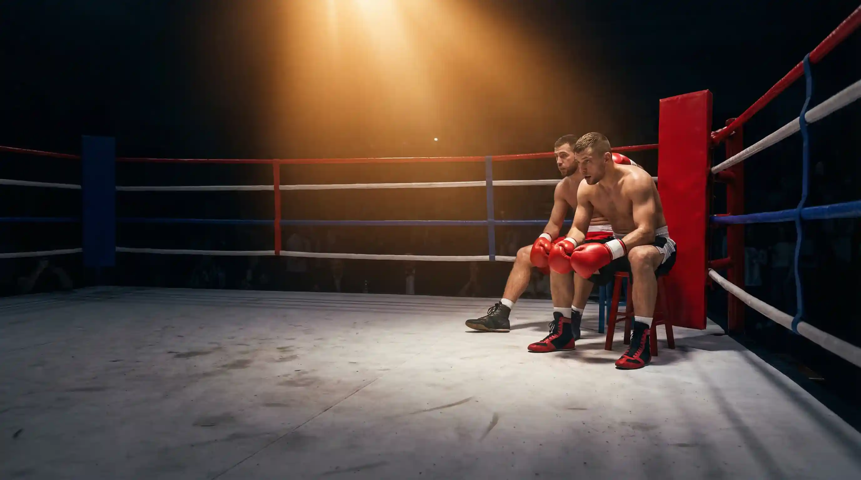 Boxring mit Rundentafel und Scheinwerferlicht zwischen zwei Boxkampfrunden