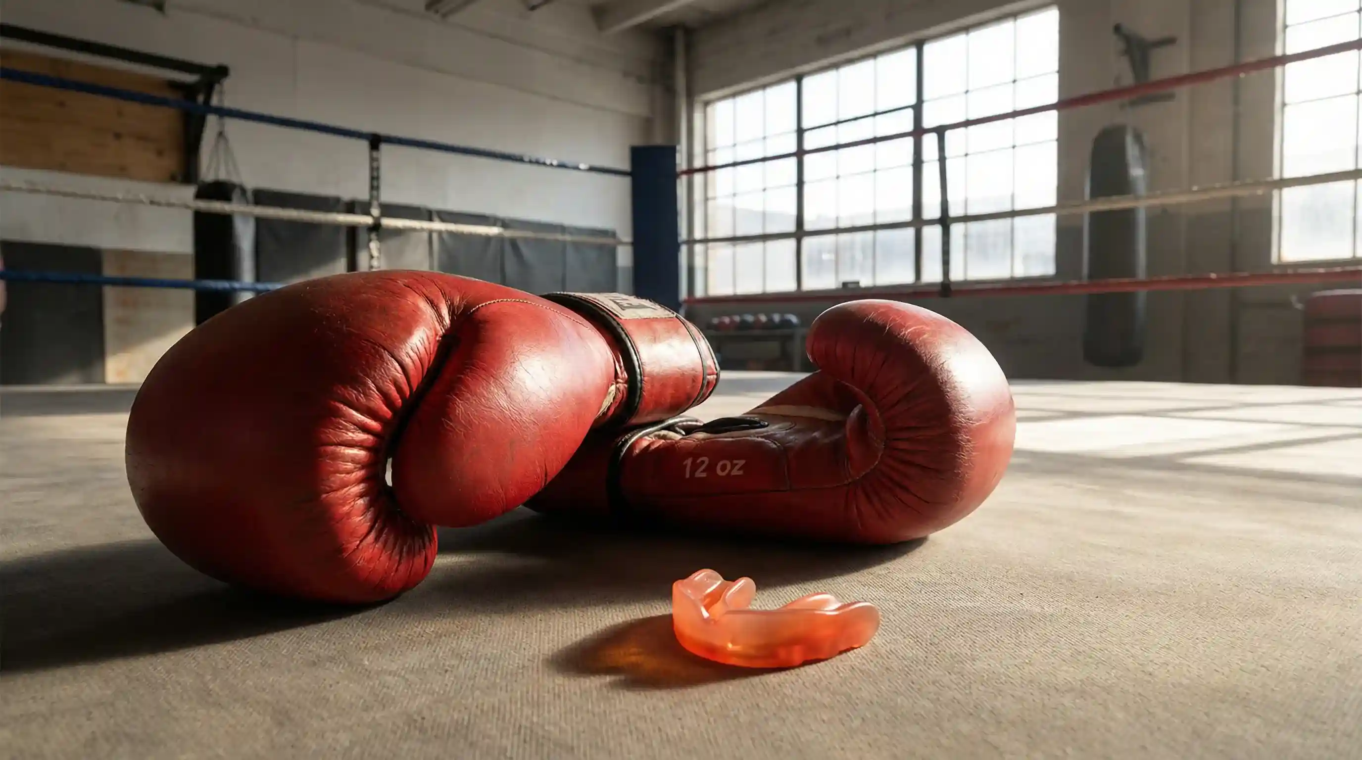 Boxer hebt die Faust nach einem Sieg im Boxring unter Scheinwerferlicht