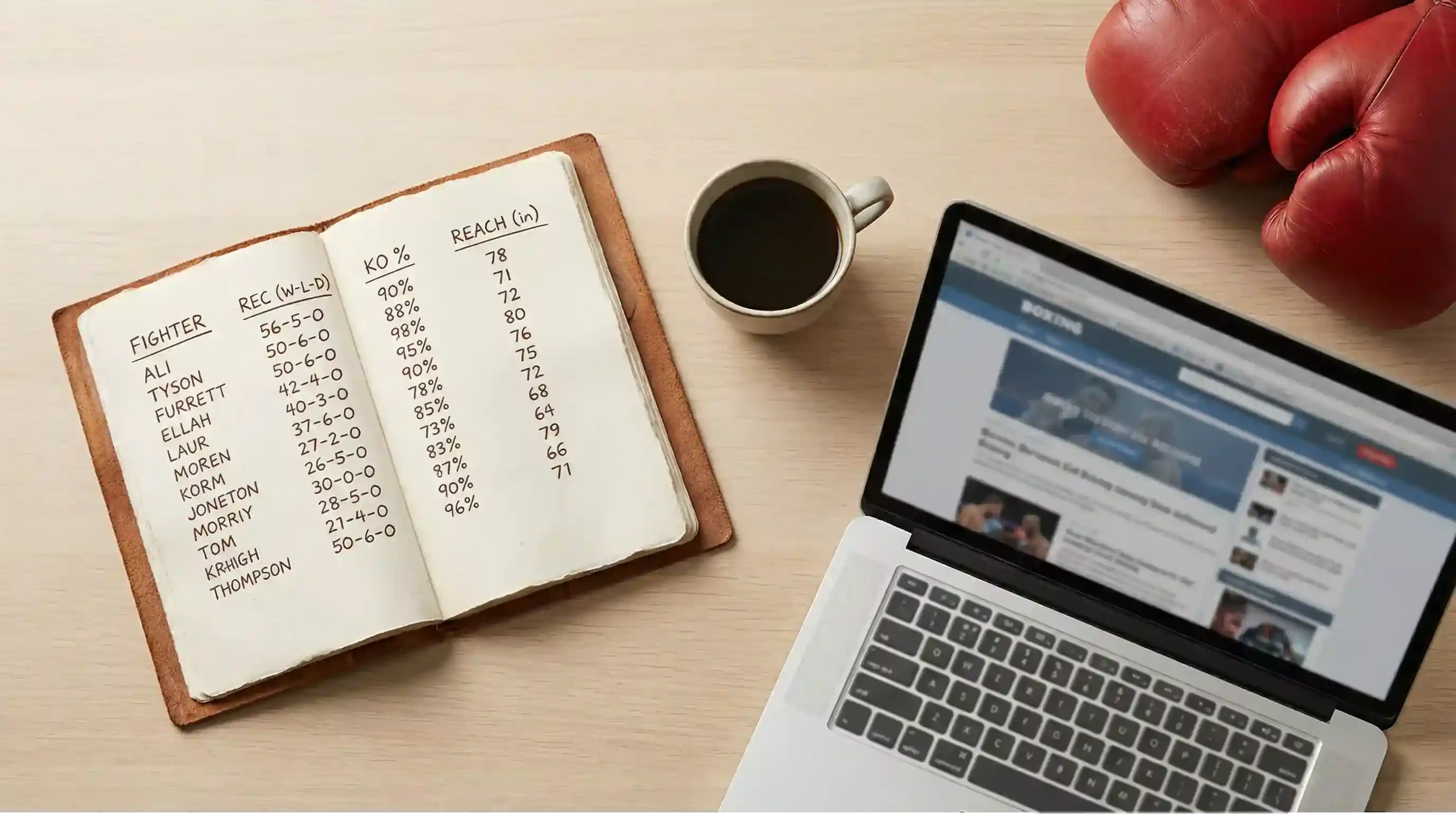 Aufgeschlagenes Notizbuch mit handgeschriebenen Boxkampf-Statistiken neben einem Laptop und Boxhandschuhen