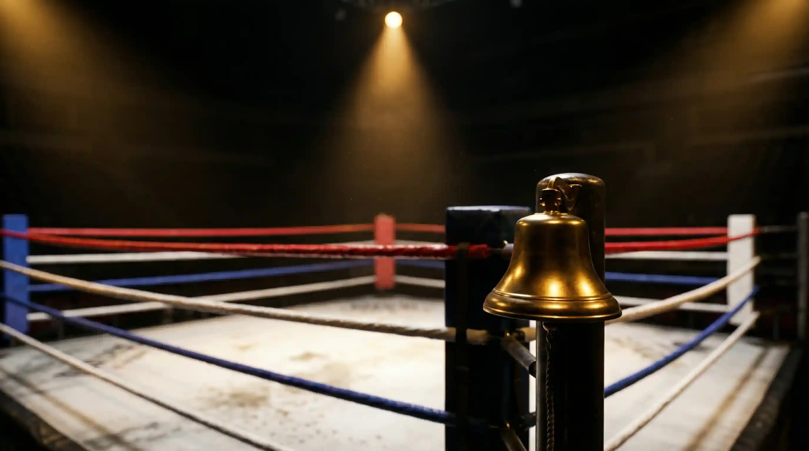 Nahaufnahme einer Boxring-Ecke mit Rundenglocke und Seilen im Scheinwerferlicht