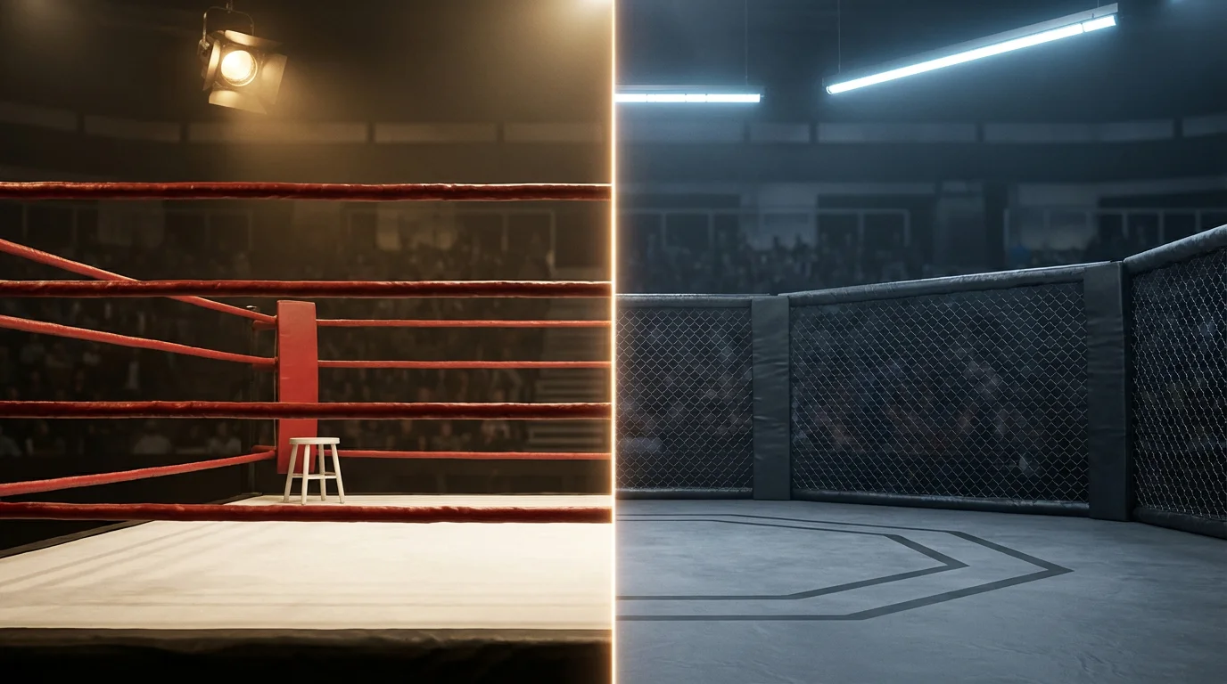 Geteiltes Bild: links ein Boxring mit roten Seilen, rechts ein MMA-Oktagon mit Käfigwand