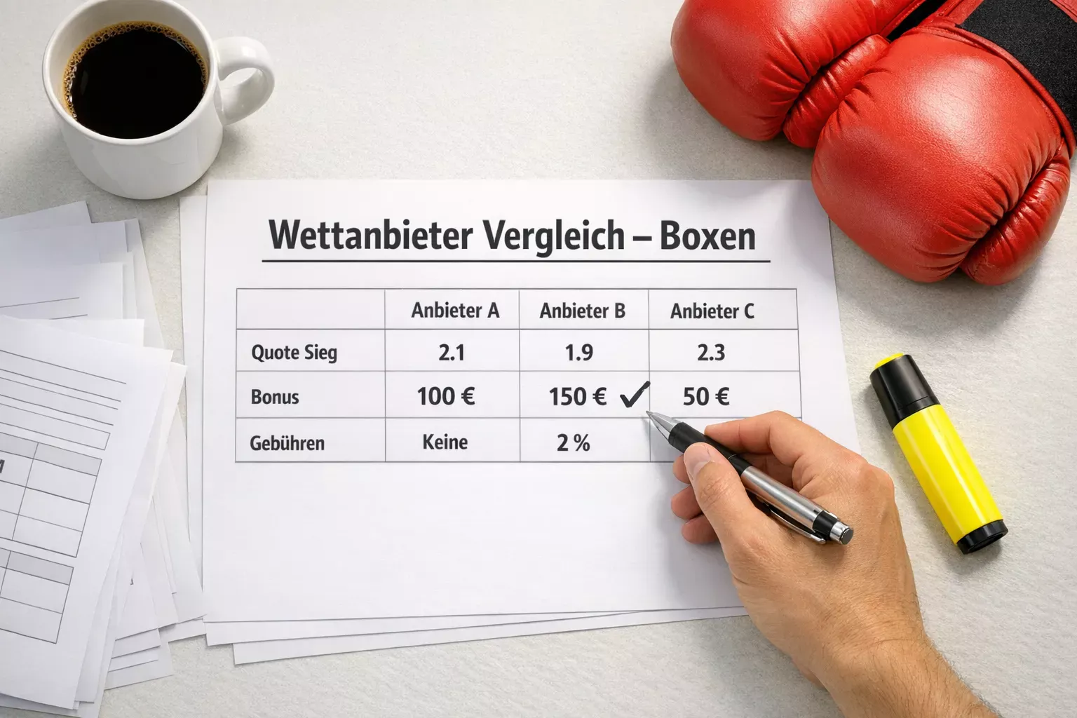 Mehrere aufgeschlagene Sportwetten-Broschüren auf einem Tisch mit einem Stift der Notizen markiert