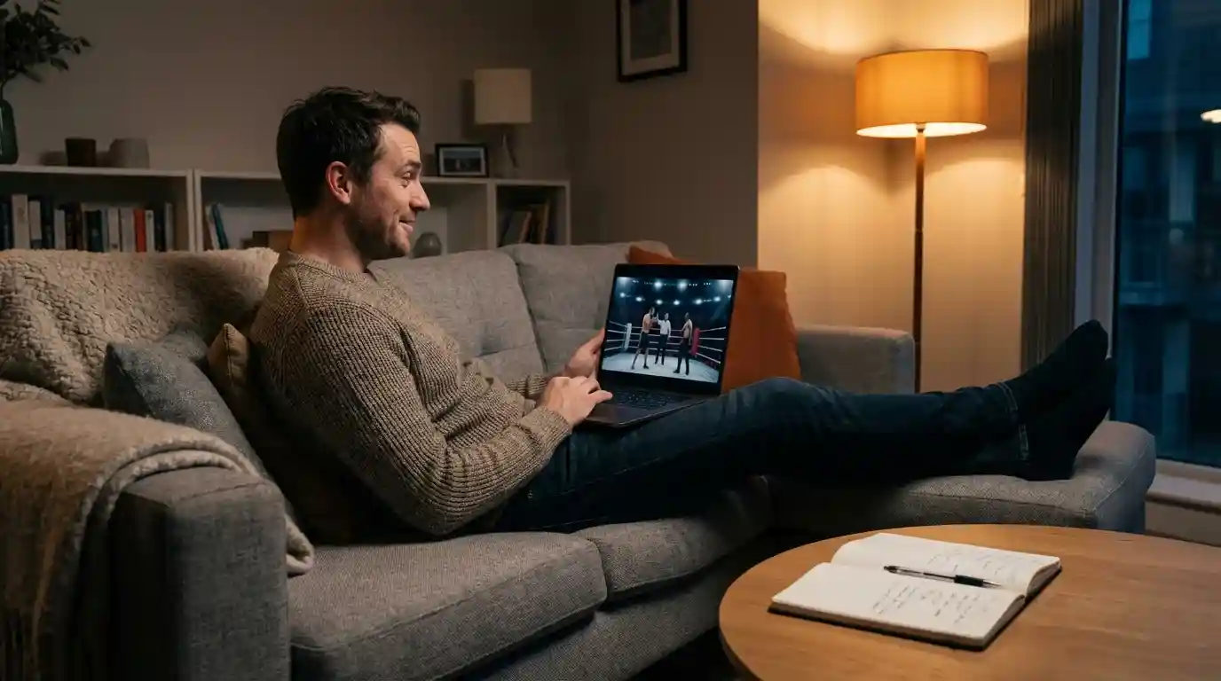 Junger Mann sitzt entspannt mit einem Laptop und beobachtet einen Boxkampf auf dem Bildschirm