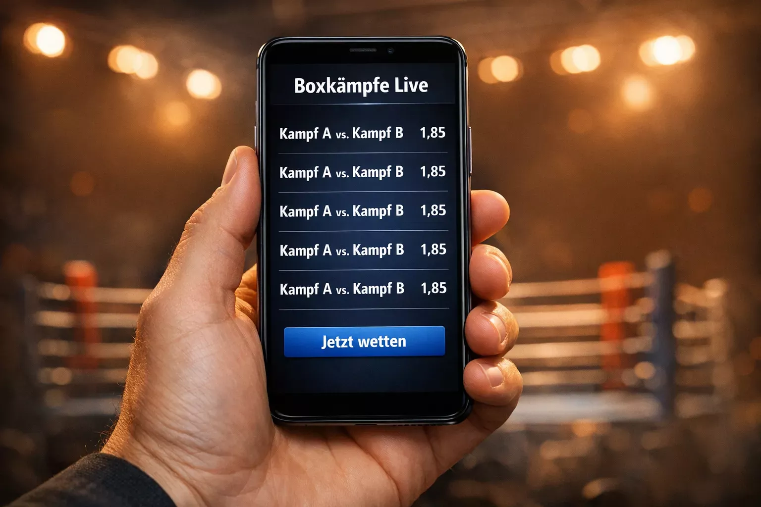 Hand hält ein Smartphone vor einem unscharfen Boxring im Hintergrund einer Arena