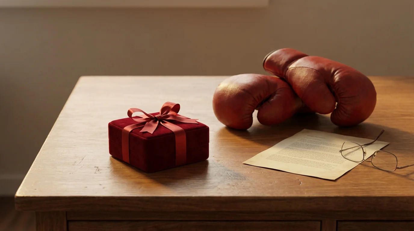 Geschenkbox mit roter Schleife neben Boxhandschuhen auf einem Schreibtisch als Symbol für Wettbonus