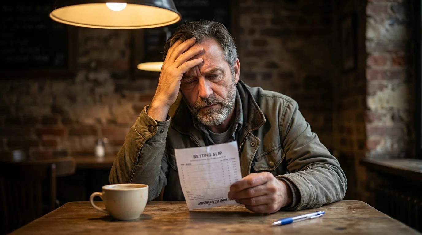 Frustrierter Mann stützt den Kopf auf die Hand vor einem leeren Wettschein auf dem Tisch