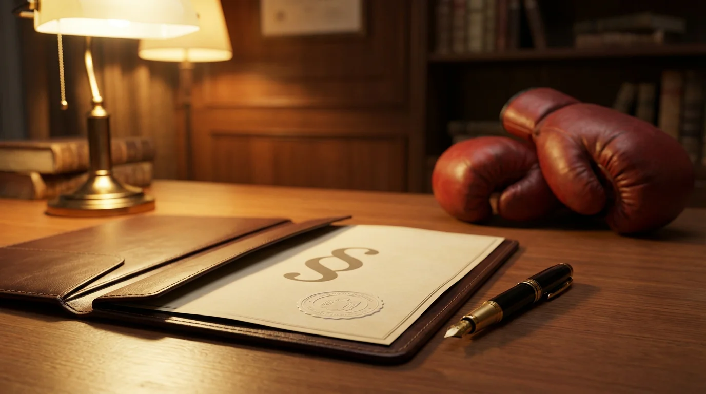 Dokumentenmappe mit offiziellem Stempel und Paragraphenzeichen auf einem Schreibtisch neben Boxhandschuhen