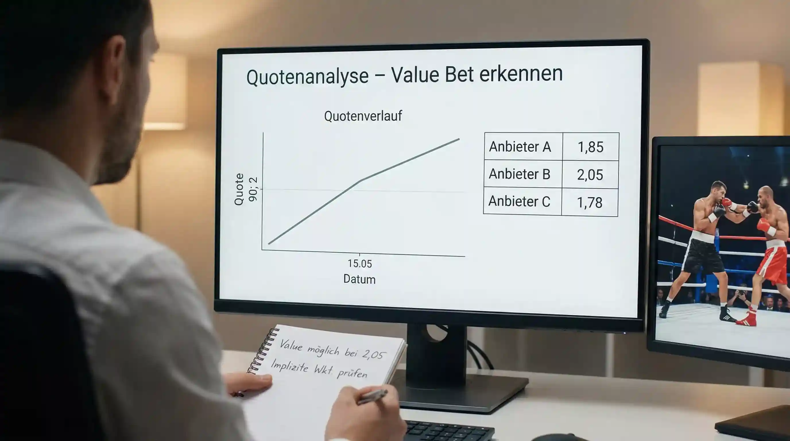 Sportanalyst prüft Boxen Wettquoten auf einem Bildschirm — Value Bets erkennen