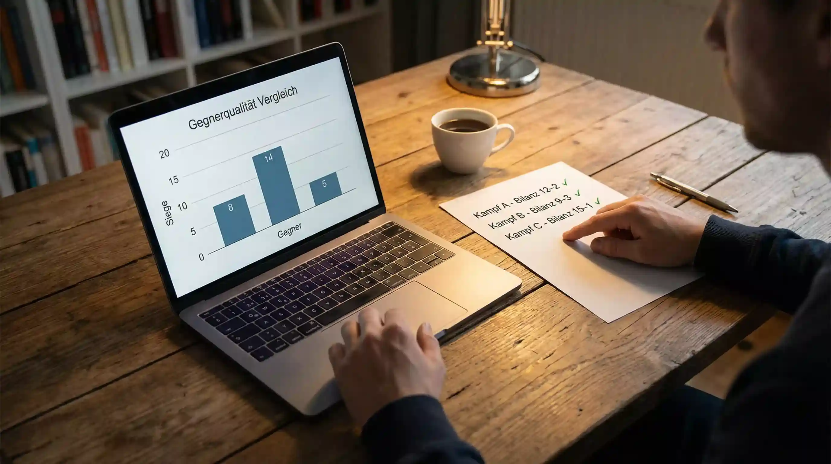 Trainer analysiert Boxkampf-Statistiken am Tisch — Kampfanalyse für Boxwetten