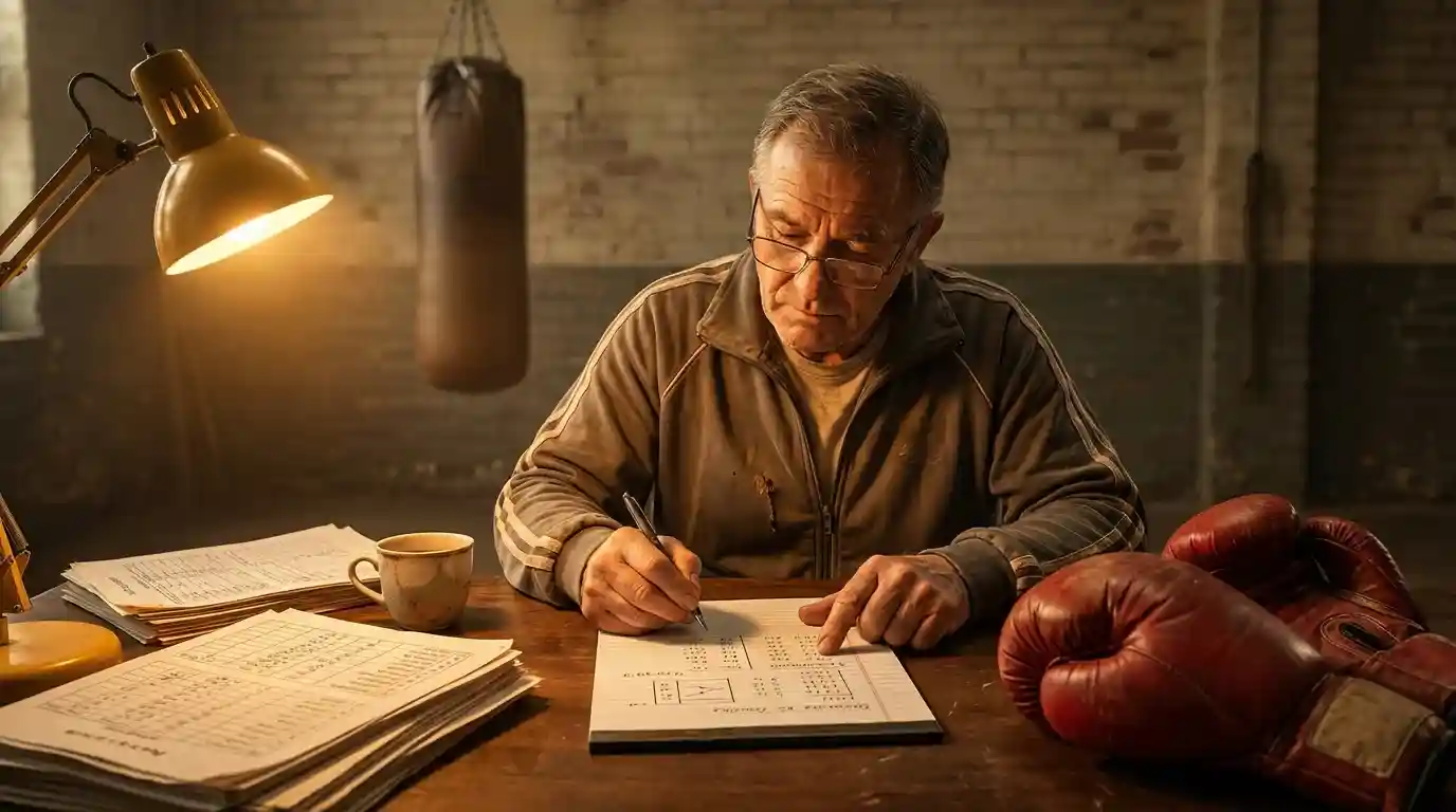 Trainer studiert Boxkampf-Statistiken an einem Schreibtisch mit Kampfnotizen und Stift