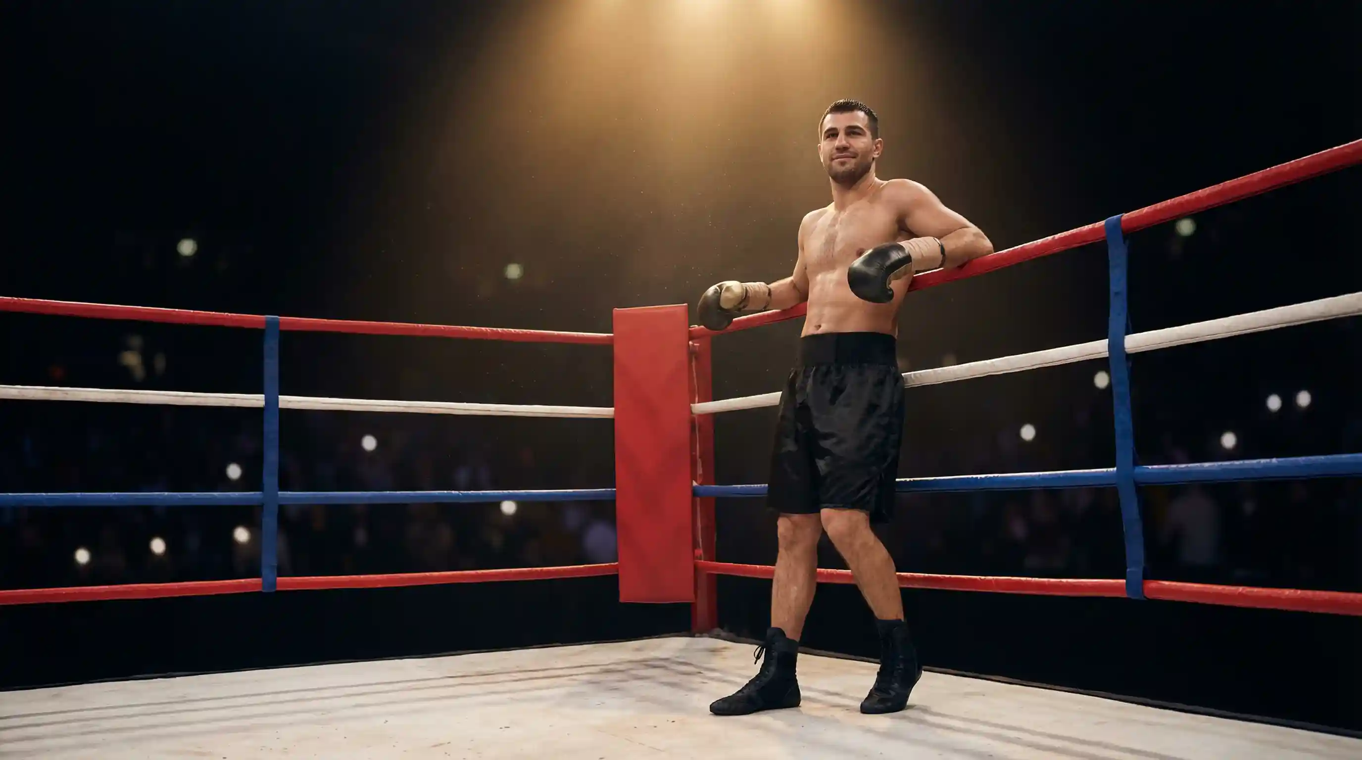 Boxer in der roten Ecke lehnt sich sicher an die Ringseile und wartet auf den nächsten Rundenbeginn