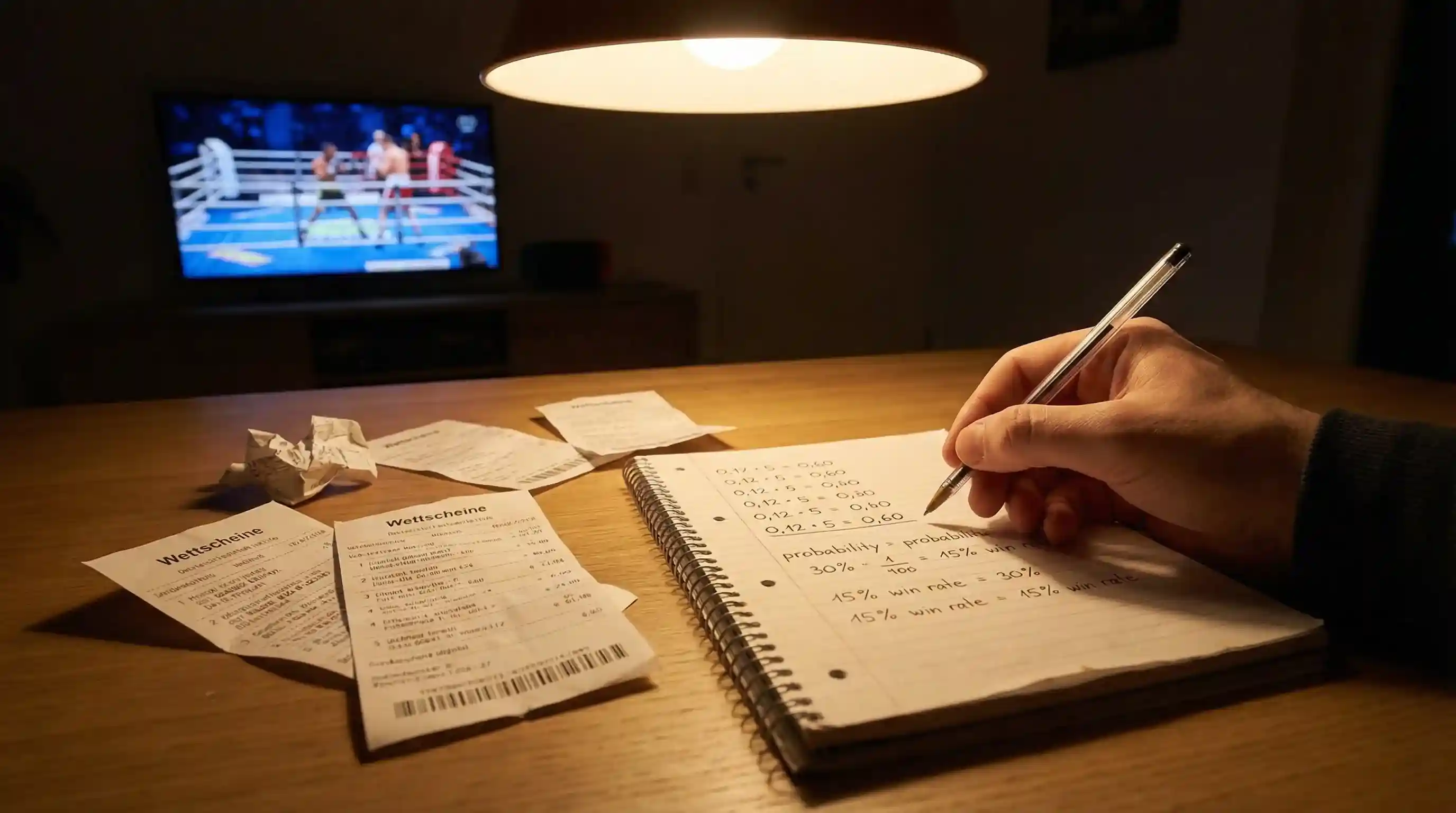 Mehrere Wettscheine auf einem Tisch neben einem Notizbuch mit handgeschriebenen Berechnungen