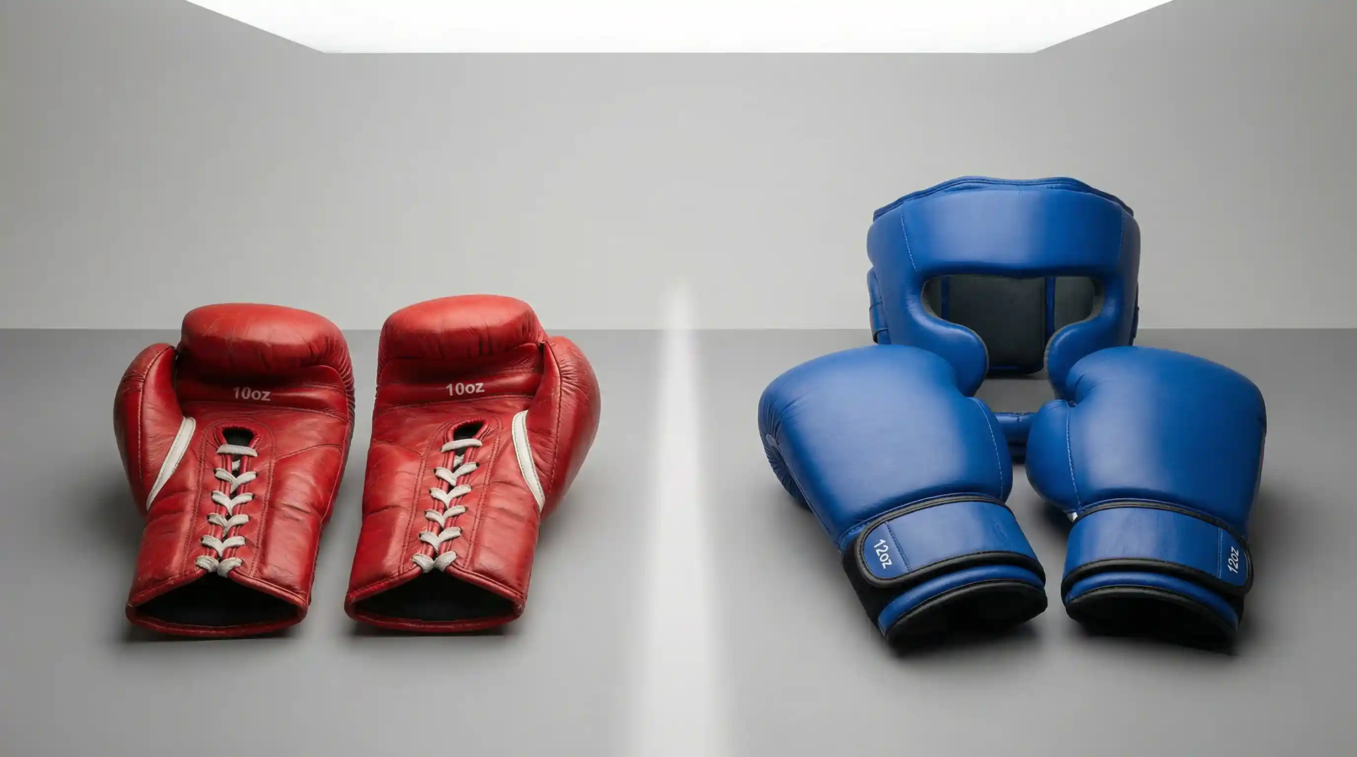 Zwei Boxhandschuh-Paare nebeneinander — rote Profi-Handschuhe und blaue Amateur-Handschuhe mit Kopfschutz