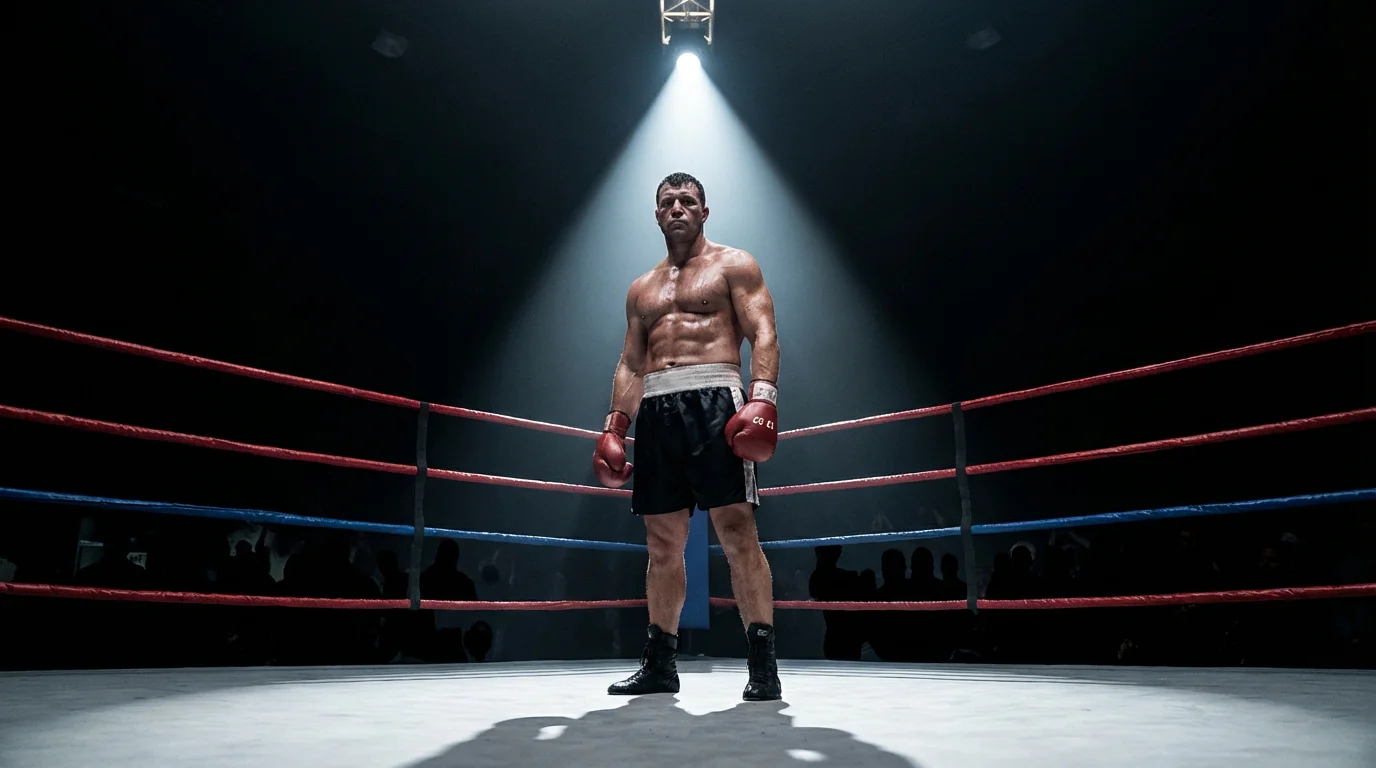 Massiver Schwergewichtsboxer in Kampfstellung im Ring unter dramatischem Spotlight