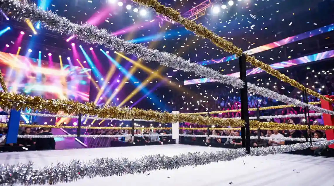 Bunt beleuchteter Showkampf-Ring mit Blitzlichtern und buntem Konfetti in einer Entertainment-Arena