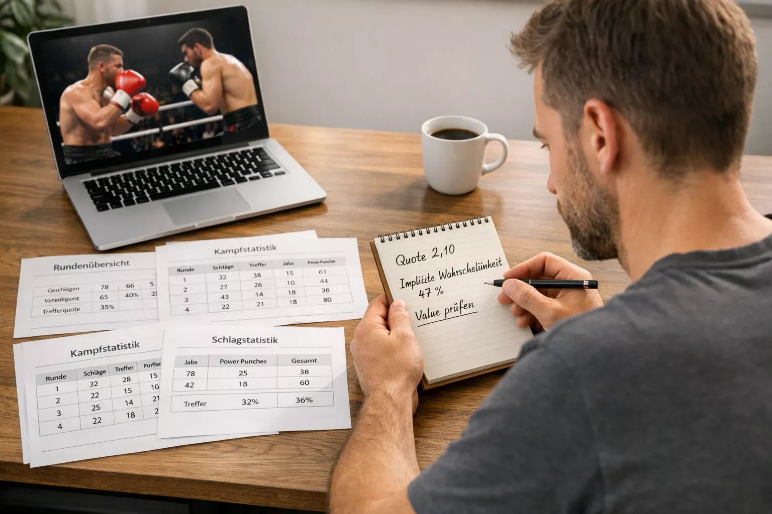 Mann analysiert Boxkampf-Quoten mit Notizblock und Stift vor einem Bildschirm mit Kampfdaten