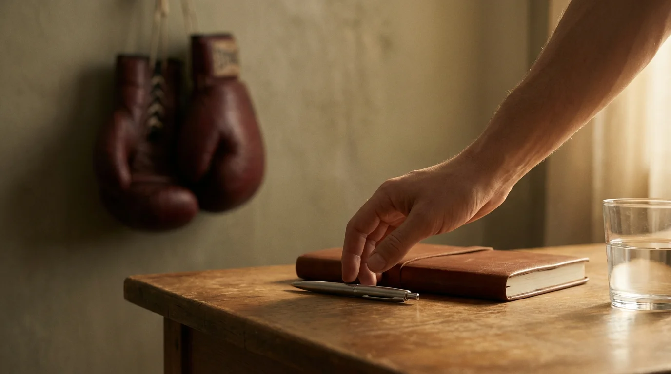 Ruhige Hand legt einen Stift neben ein geschlossenes Notizbuch — Symbol für bewusste Pause und Selbstkontrolle
