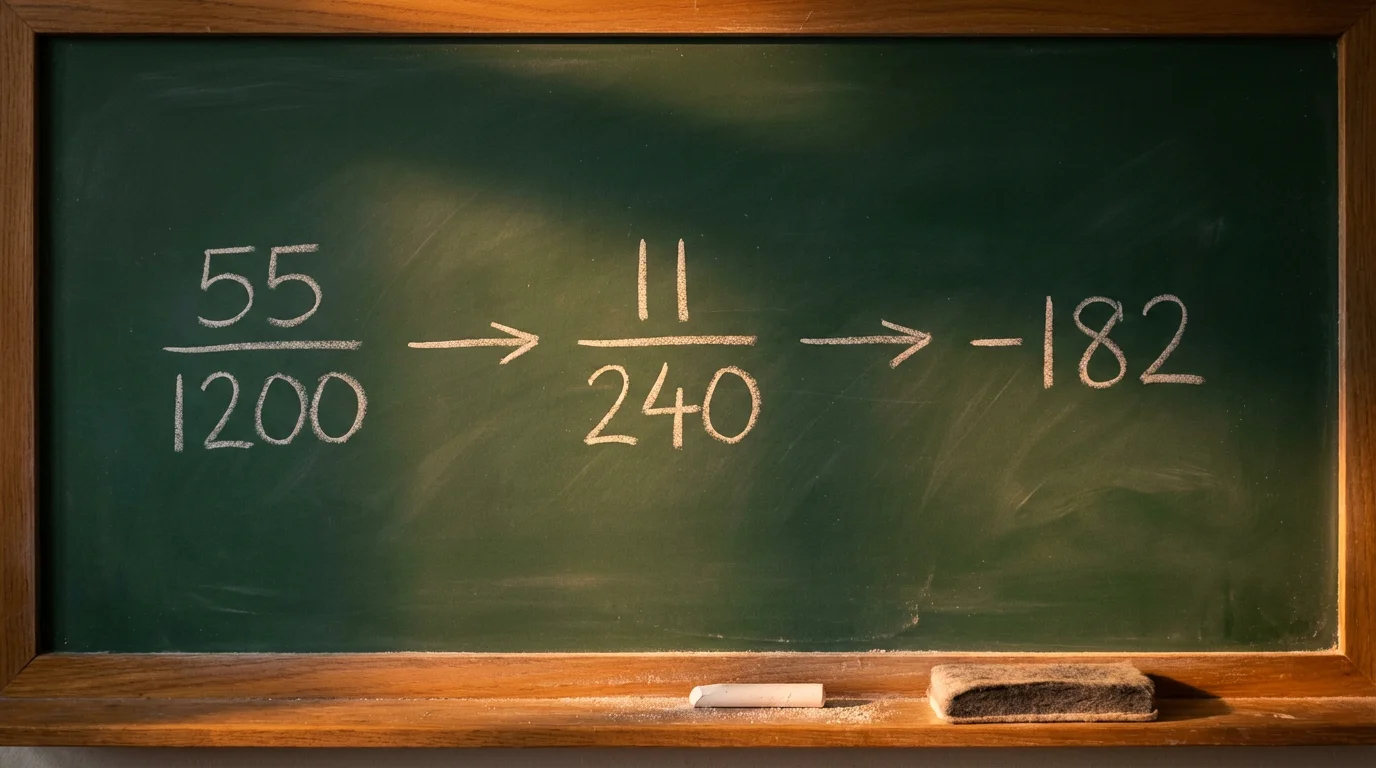 Nahaufnahme einer Kreidetafel mit drei nebeneinander geschriebenen Quotenformaten und Umrechnungspfeilen