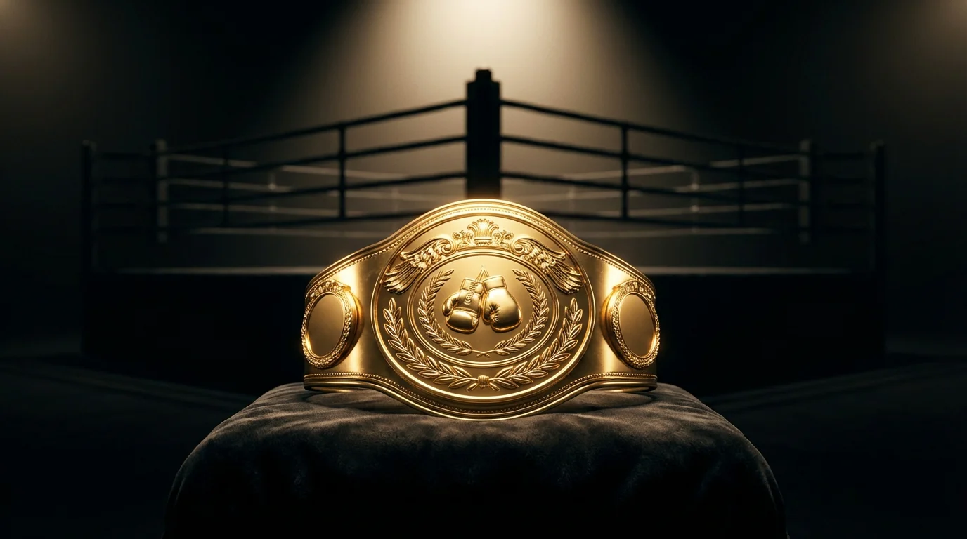 Goldener WM-Boxgürtel auf einem Samt-Podest im Scheinwerferlicht vor einem dunklen Boxring